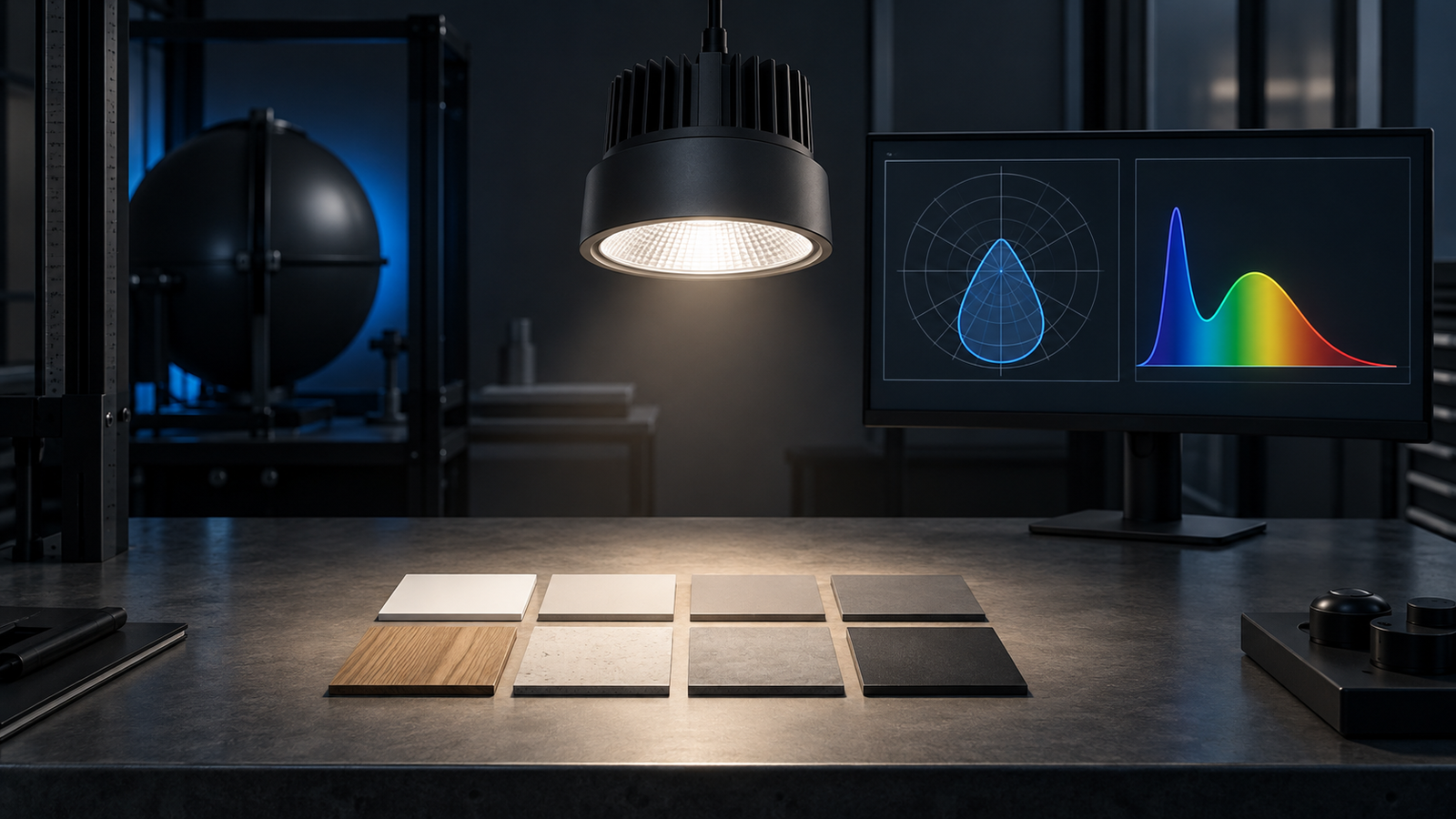 Concept lighting-product bench with an unbranded luminaire, colour swatches and separate photometric and spectral curves